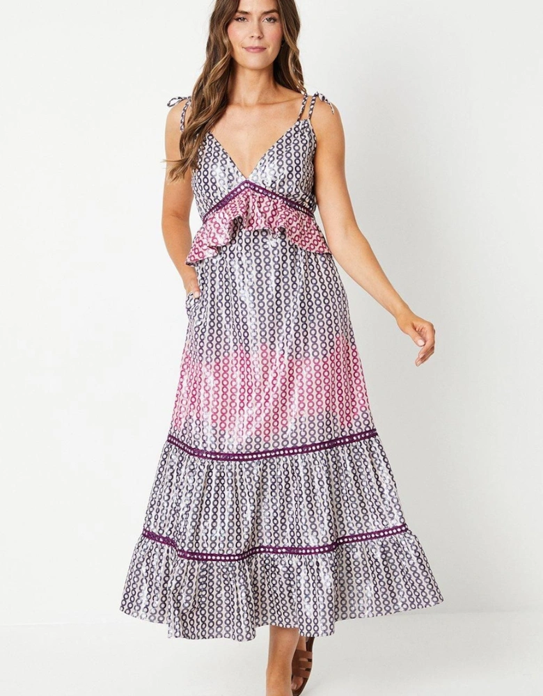Metallic Strappy Tie Shoulder Midi Dress