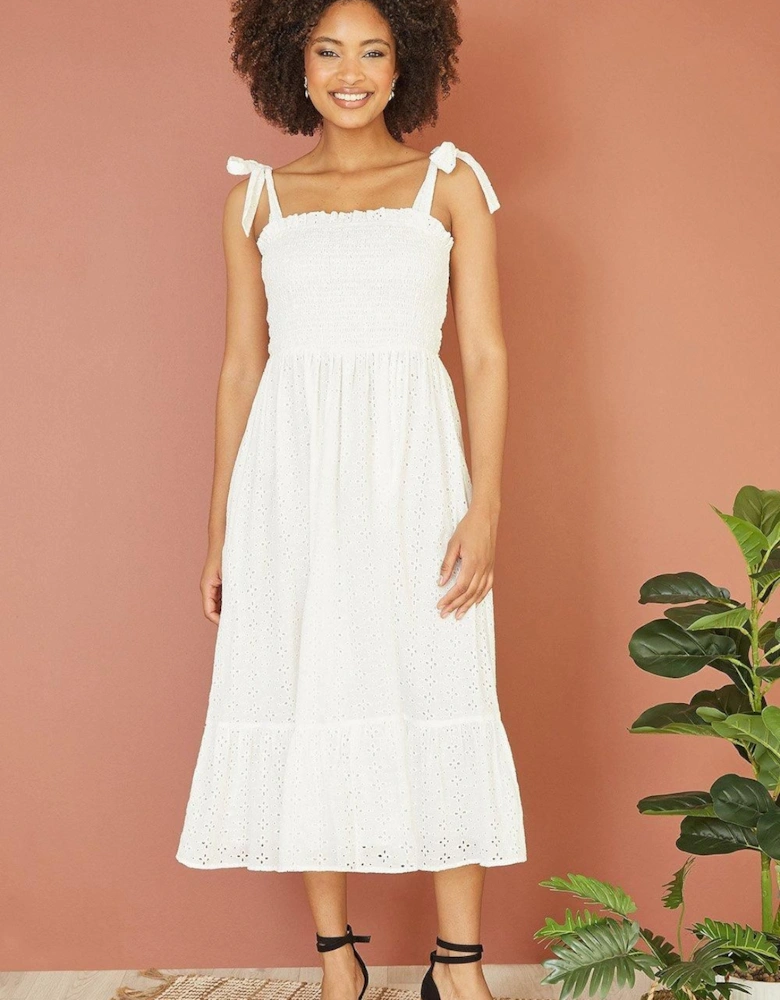 White Broderie Anglaise Ruched Midi Sundress With Tie Sleeves