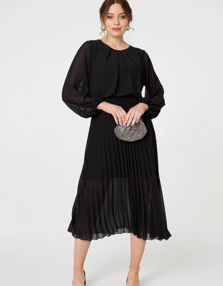 Semi Sheer Pleat Long Sleeve Midi Dress