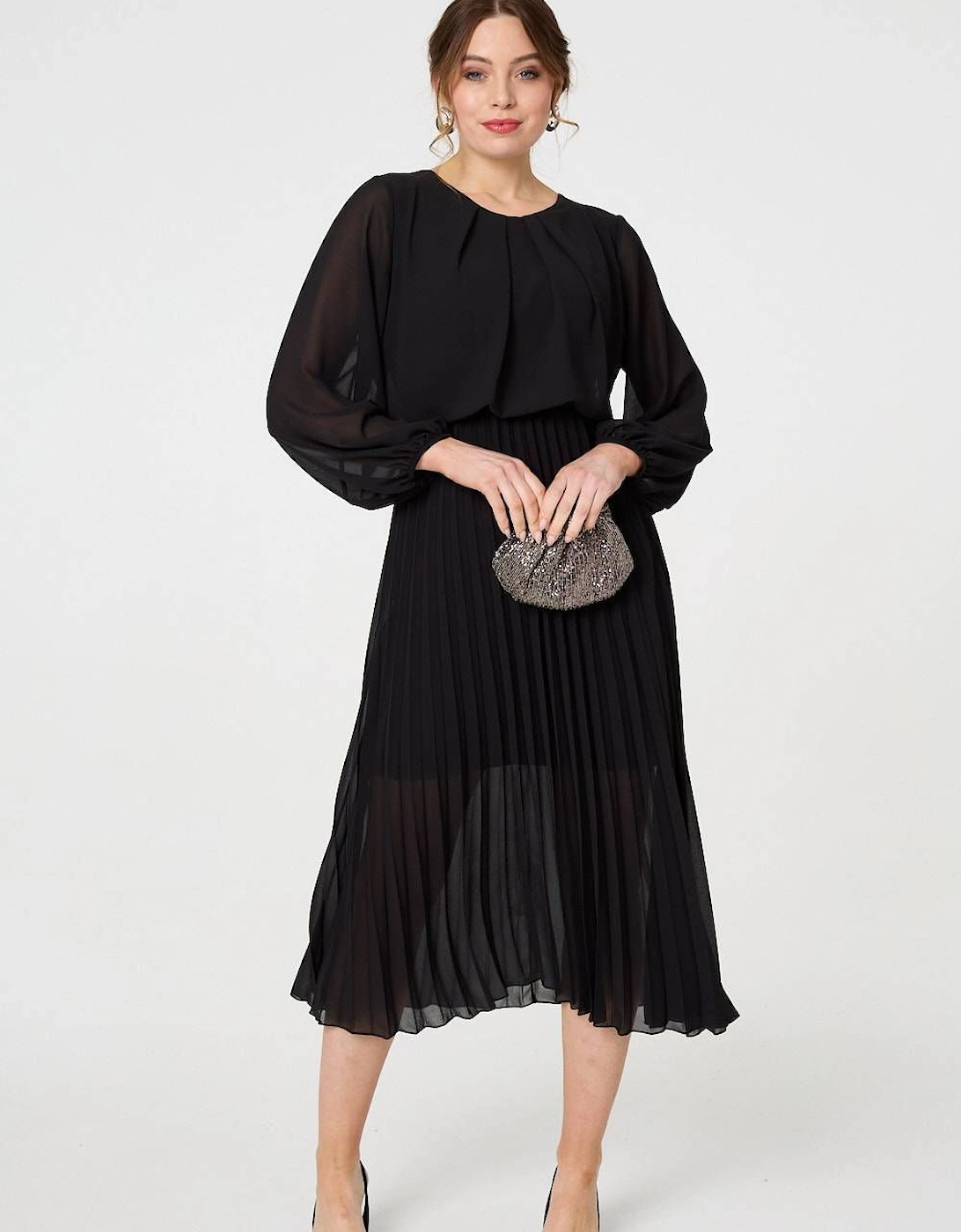 Semi Sheer Pleat Long Sleeve Midi Dress, 2 of 1