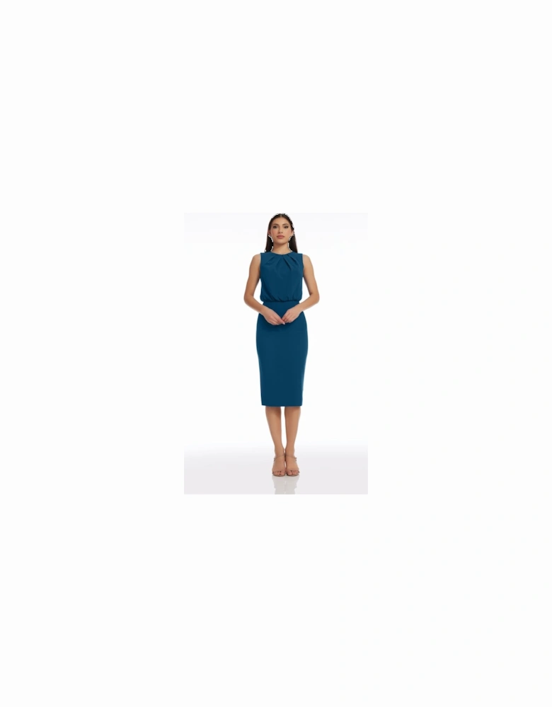 Amada Pleat Neck Blouson Midi Dress Plain
