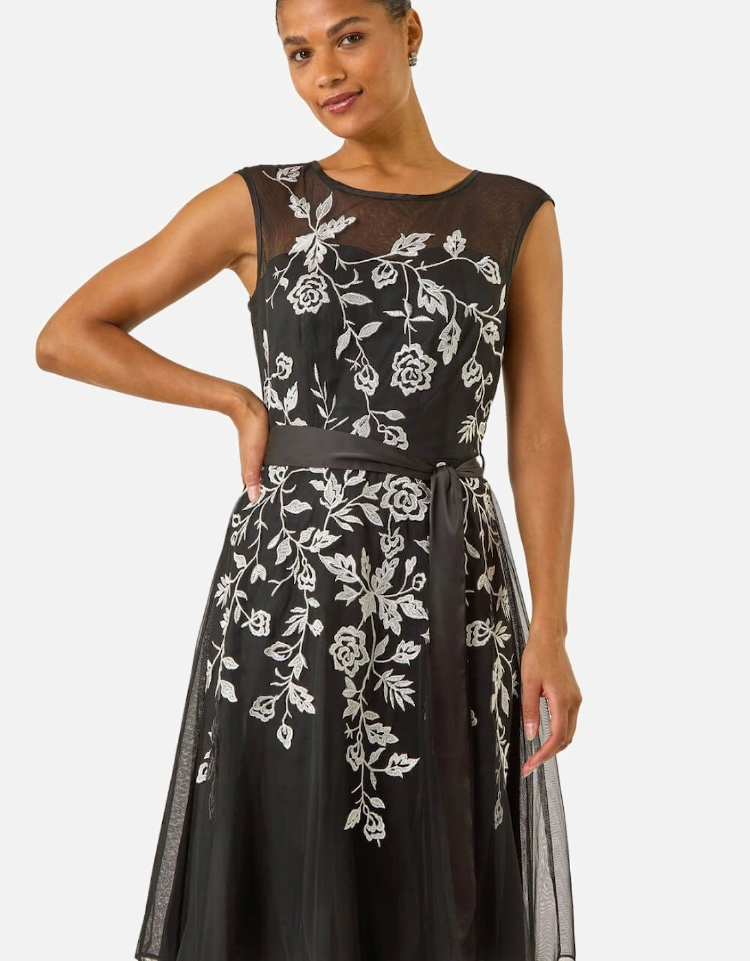 Embroidered Tie Waist Midi Dress, 2 of 1