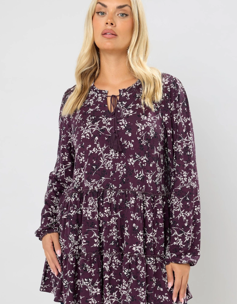 Floral Tie Neck Tiered Blouse