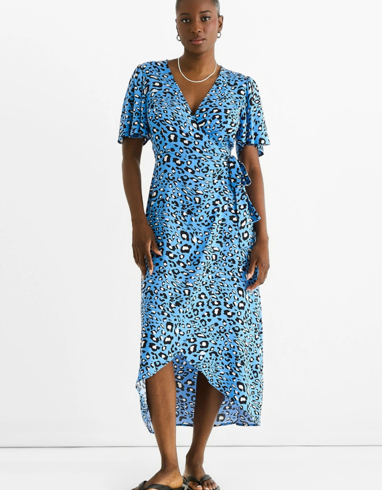 Blue Animal Print Viscose Wrap Midi Dress