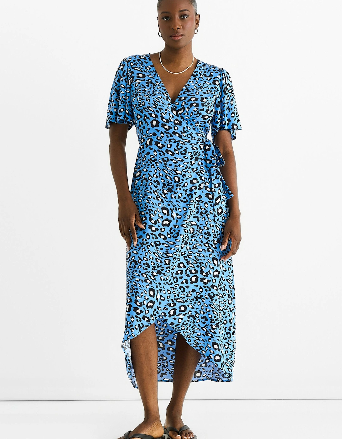 Blue Animal Print Viscose Wrap Midi Dress, 2 of 1