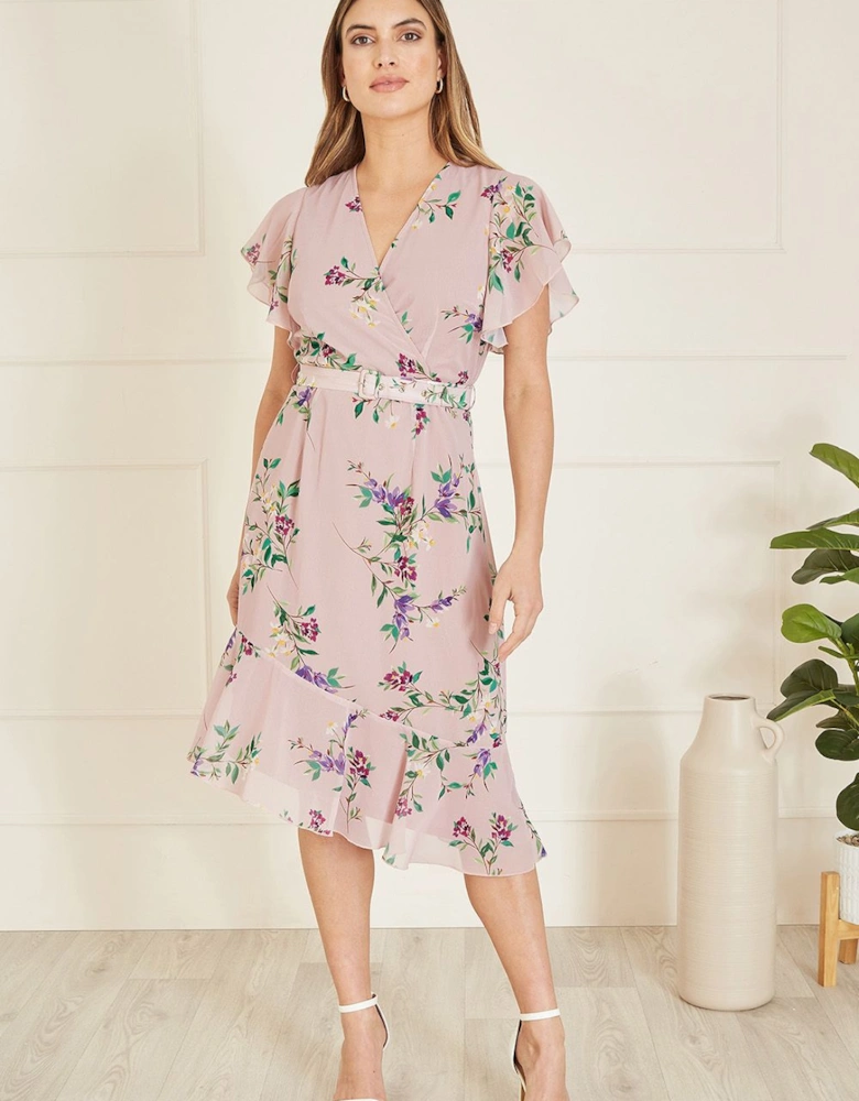 Blush Wrap Over Midi Dress With Frill Details And Matching Belt