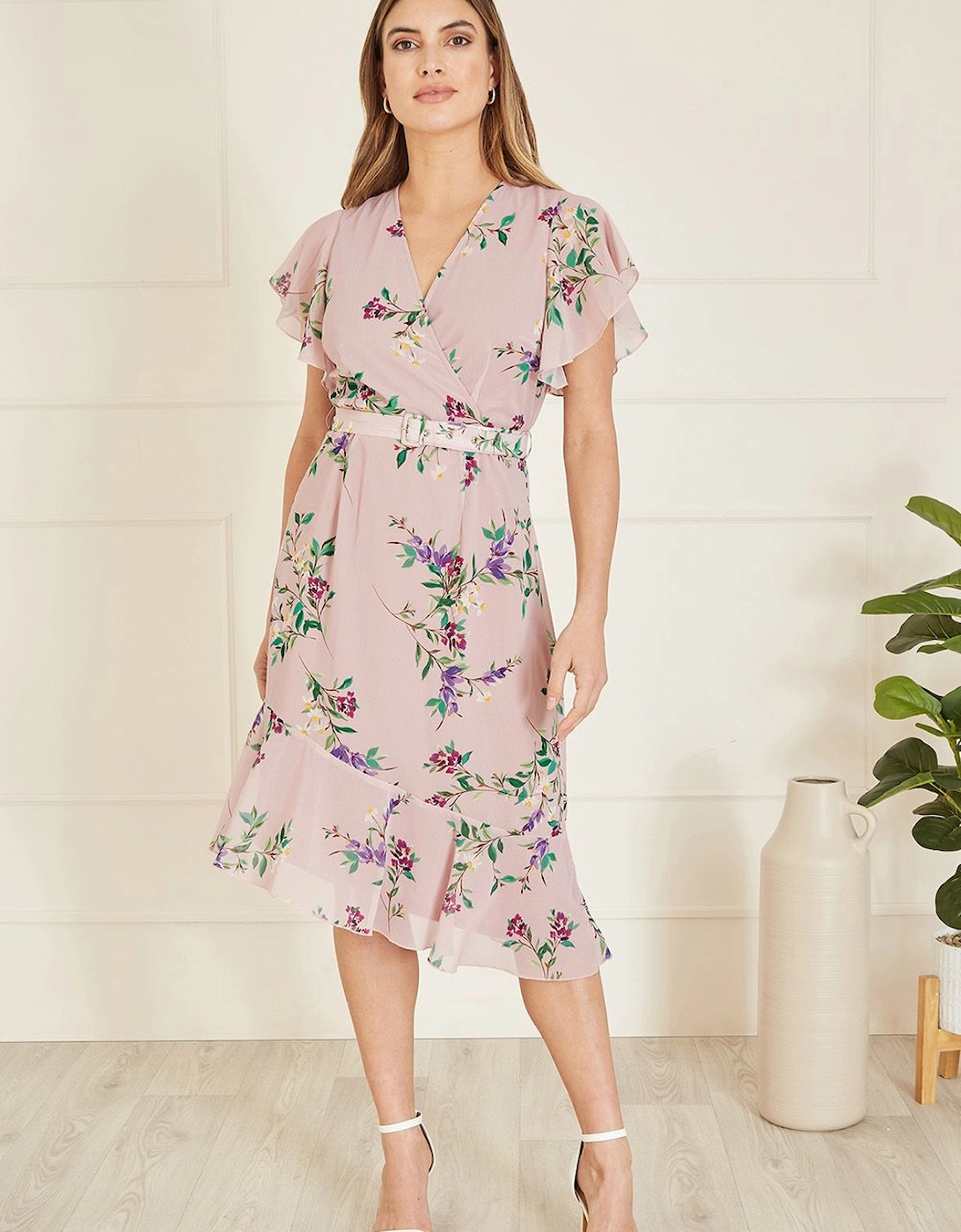 Blush Wrap Over Midi Dress With Frill Details And Matching Belt, 2 of 1