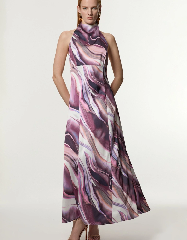 Graduated Stripe Viscose Satin Halter Dress