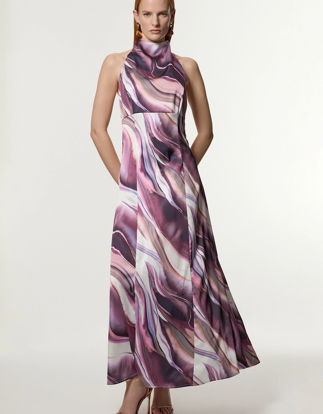 Graduated Stripe Viscose Satin Halter Dress, 2 of 1