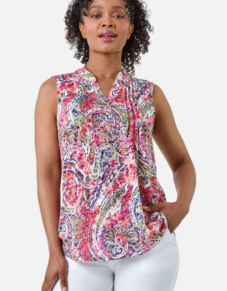 Petite Paisley Pleat Front Button Top