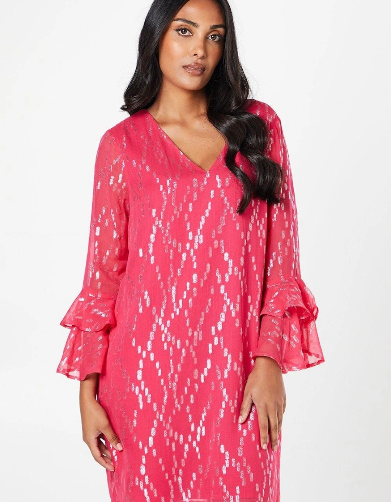 Petite Metallic Ruffle Sleeve Shift Dress