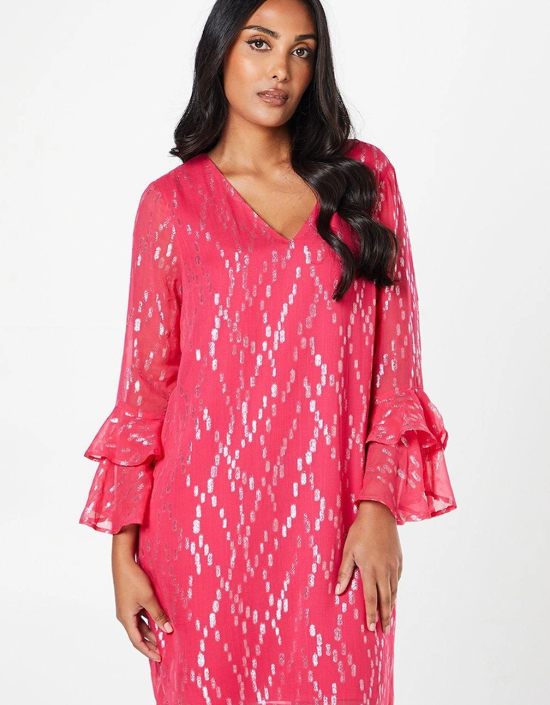 Petite Metallic Ruffle Sleeve Shift Dress, 2 of 1
