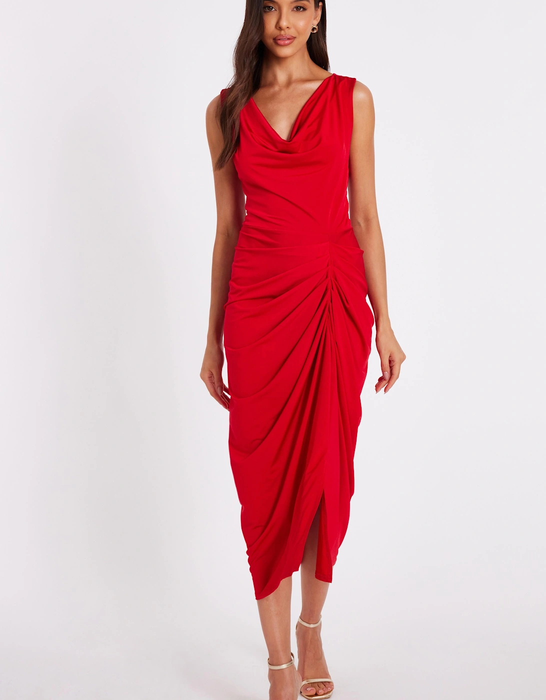 Red Cowl Neck Ruched Midi Dress, 2 of 1