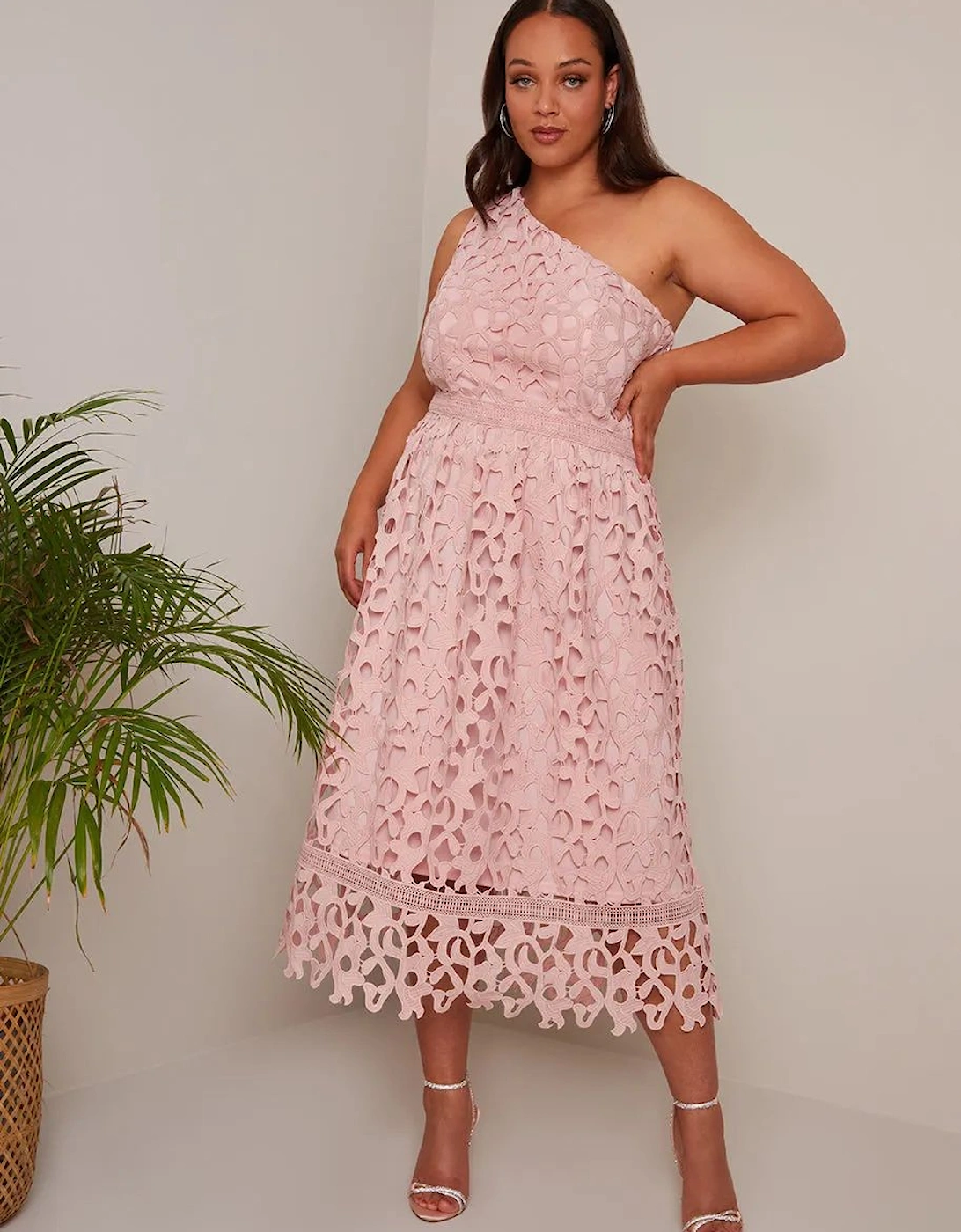 Plus Size One Shoulder Premium Lace Midi Dress in Blush, 2 of 1