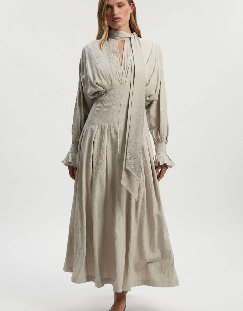 Pleated Neck Tie Detail Woven Maxi Dress