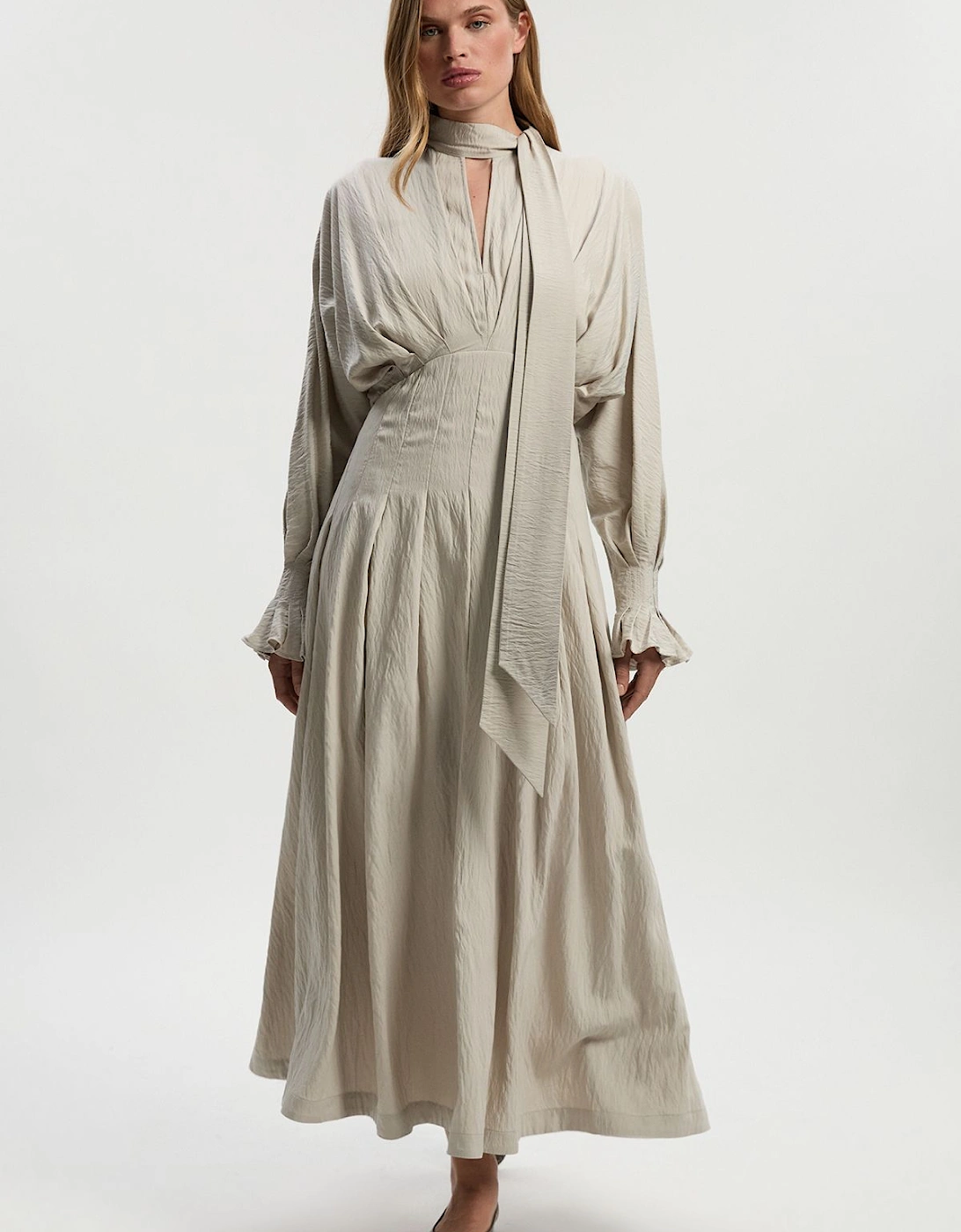 Pleated Neck Tie Detail Woven Maxi Dress, 2 of 1