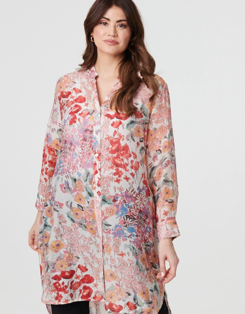 Floral Print Longline Semi Sheer Shirt