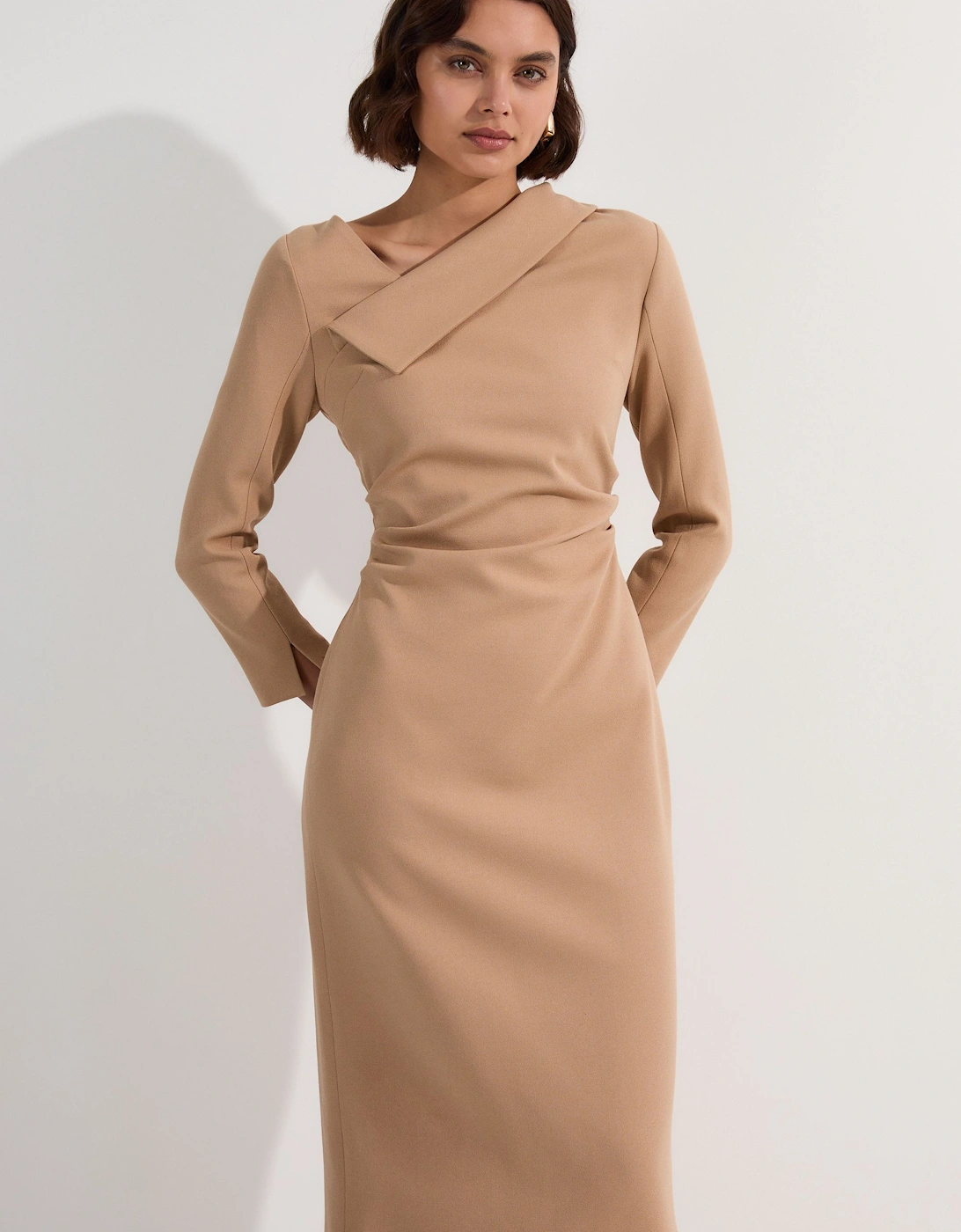 Structured Crepe Tailored Asymmetrical Collared Fitted Maxi Dress, 2 of 1