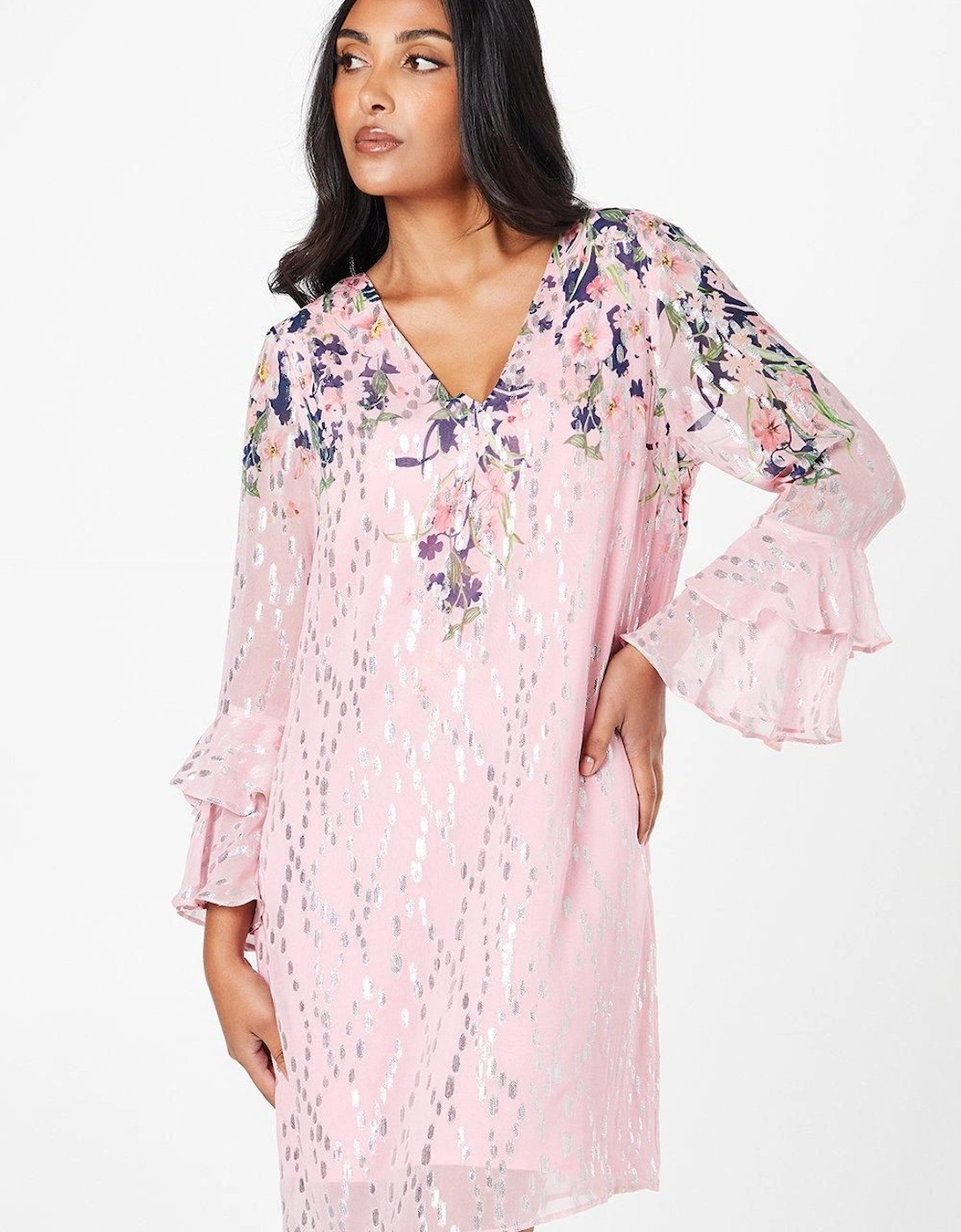 Petite Floral Metallic Ruffle Sleeve Shift Dress, 2 of 1