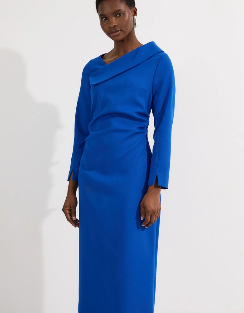 Structured Crepe Tailored Asymmetrical Collared Fitted Maxi Dress