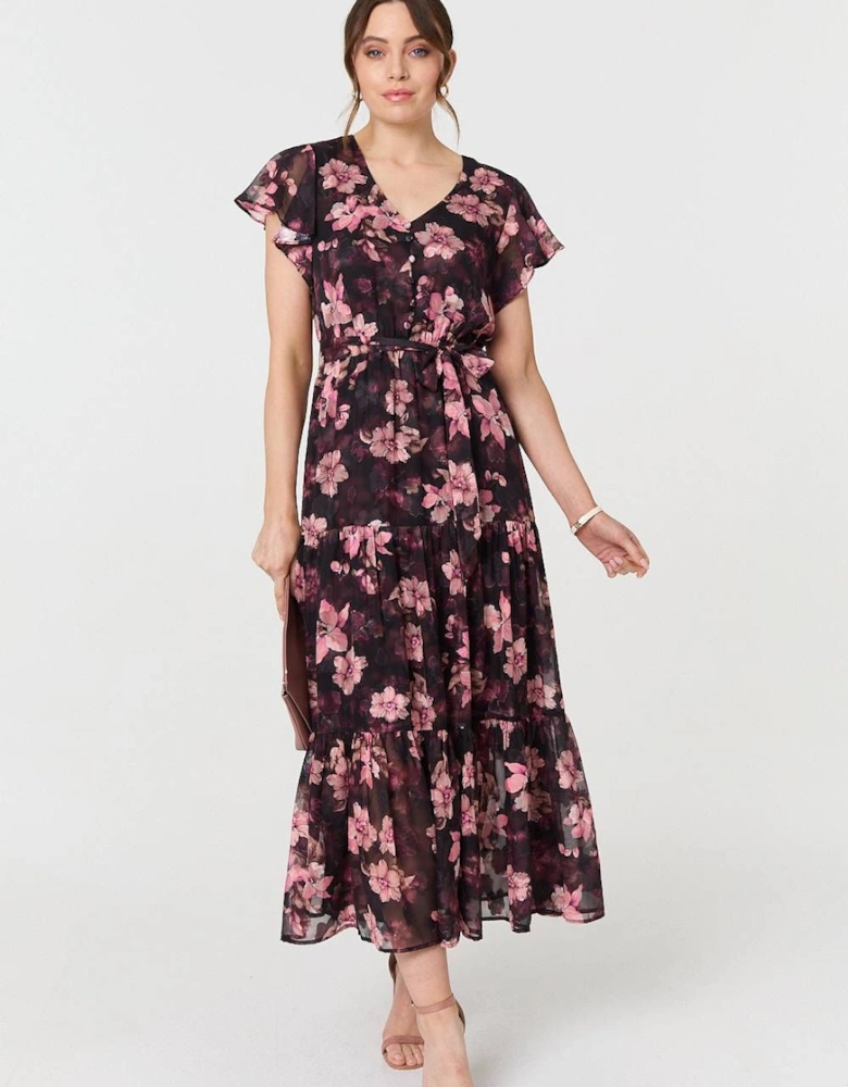 Floral Angel Sleeve Tie Waist Maxi Dress