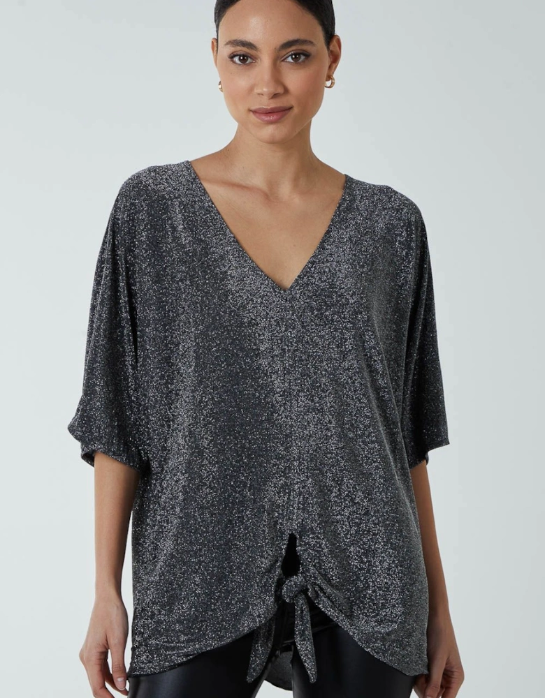 Oversized V Neck Knot Front Top