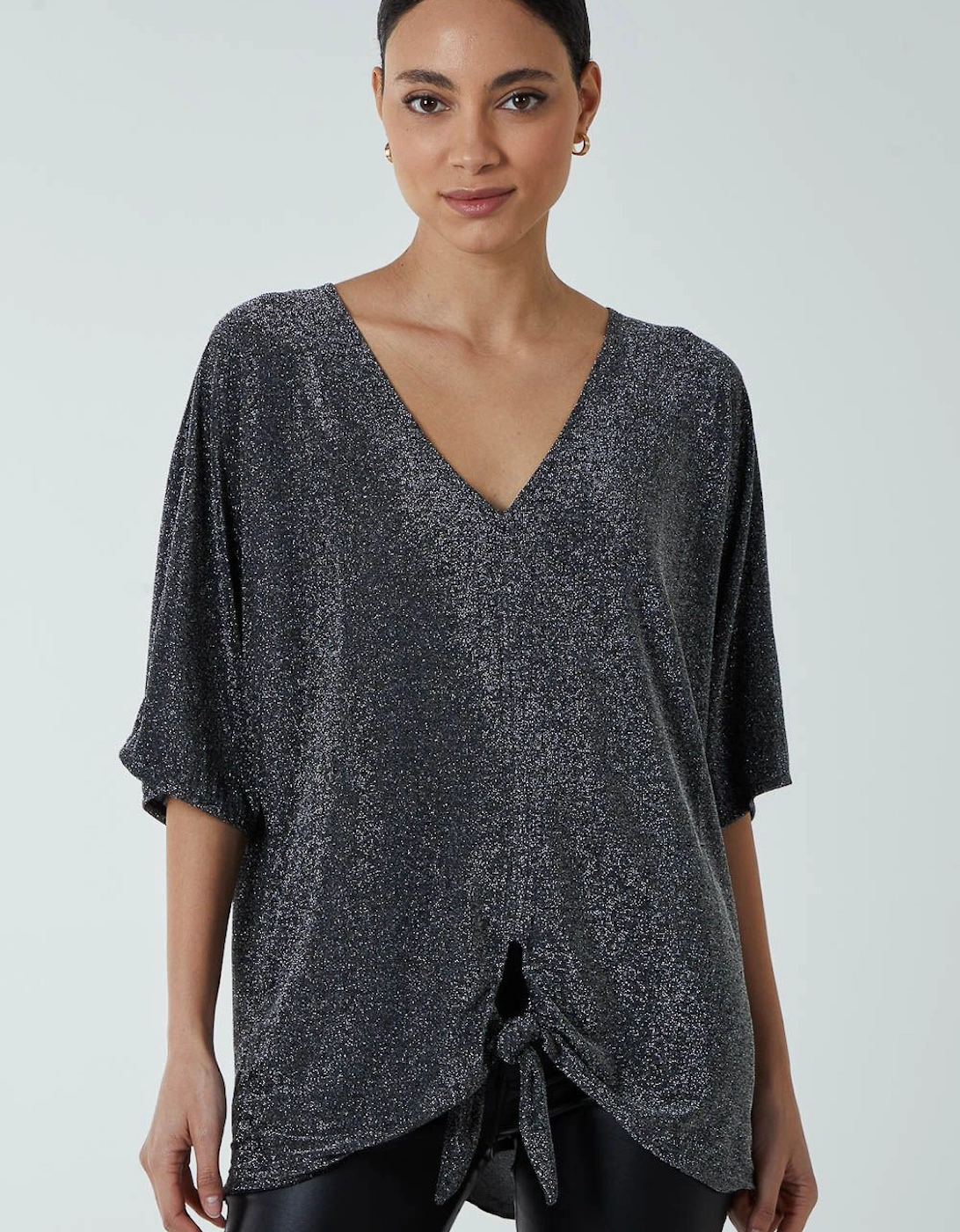 Oversized V Neck Knot Front Top, 2 of 1