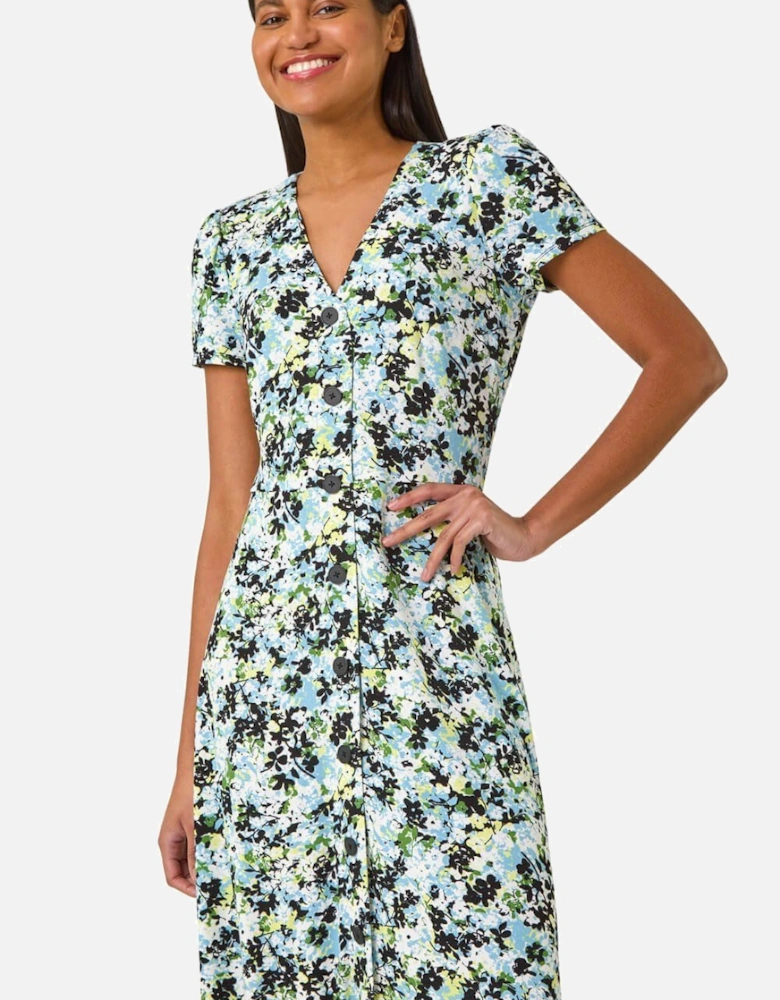 Floral Print Button Through Stretch Dress