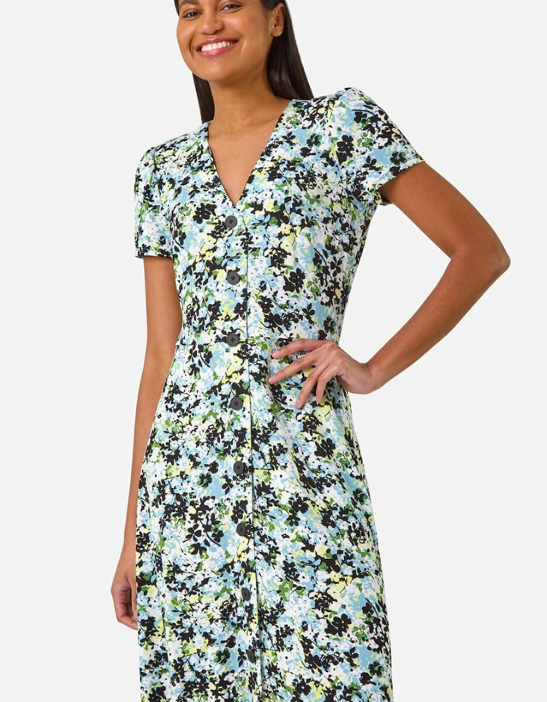 Floral Print Button Through Stretch Dress, 2 of 1