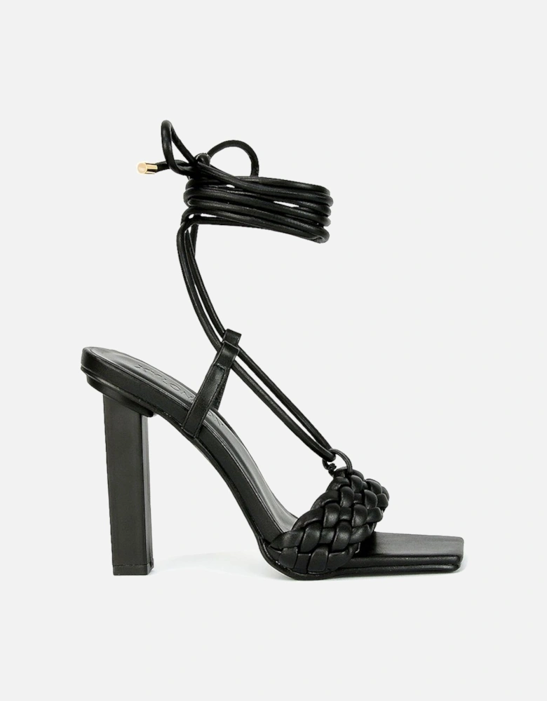 'Mira' Woven Strap Lace Up Strappy Block Square Toe Heels