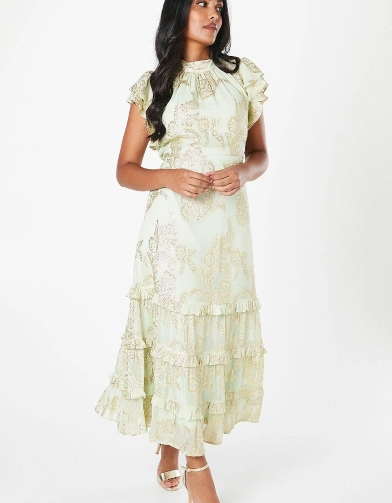 Petite Metallic Ruffle Sleeve Midaxi Dress