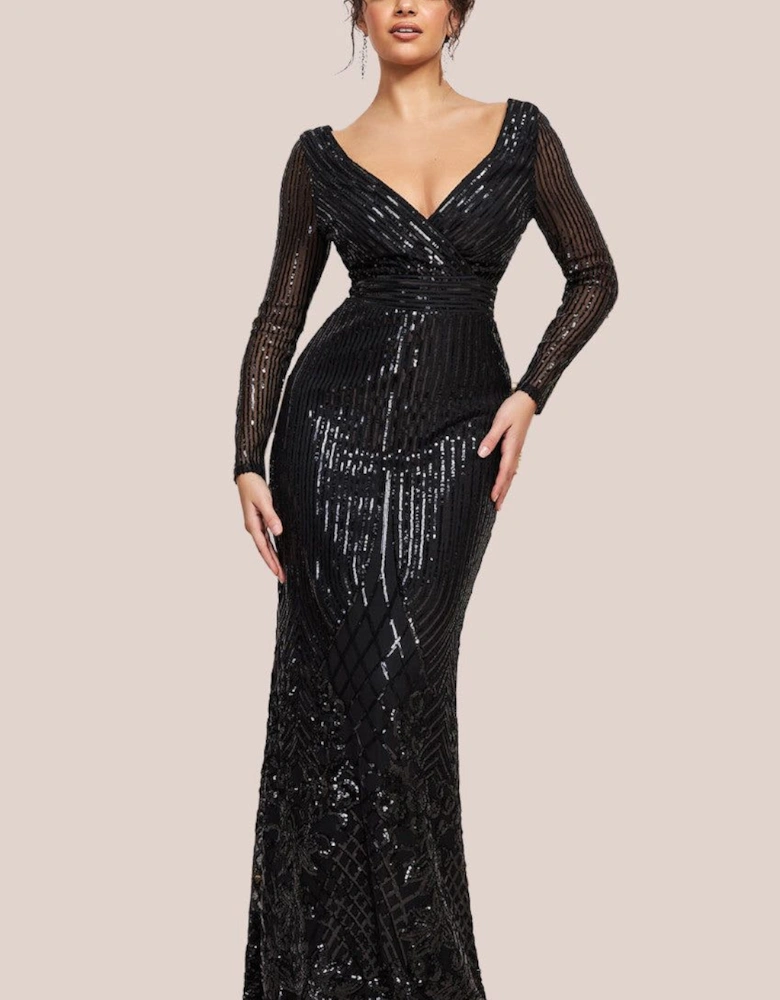 Long Sleeve Sequin V Wrap Maxi Dress