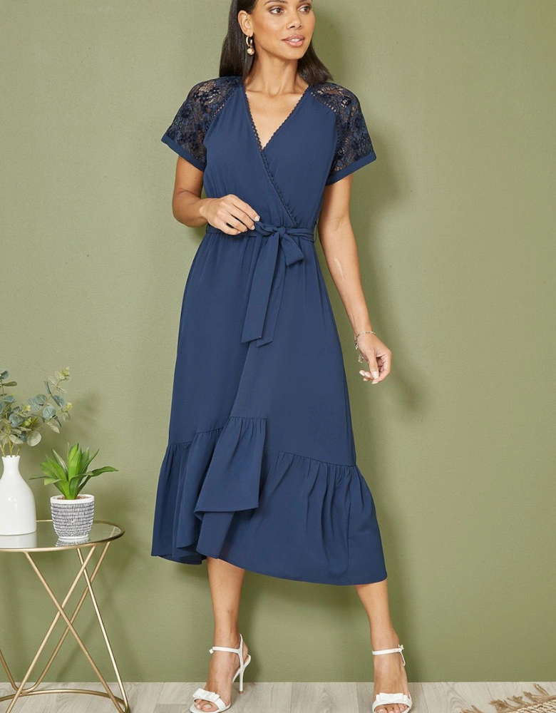 Navy Lace Sleeve Midi Wrap Over Dress