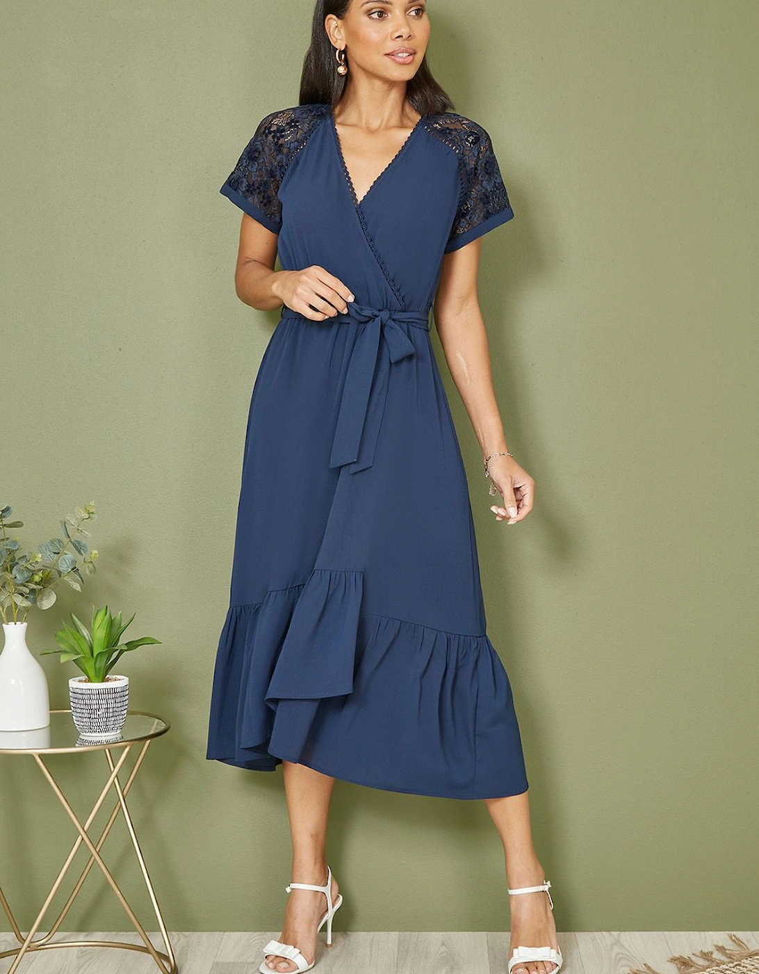 Navy Lace Sleeve Midi Wrap Over Dress, 2 of 1