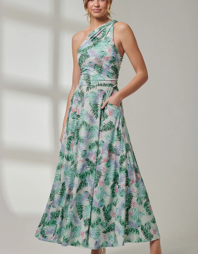 Leaf Print One Shoulder Maxi Dress