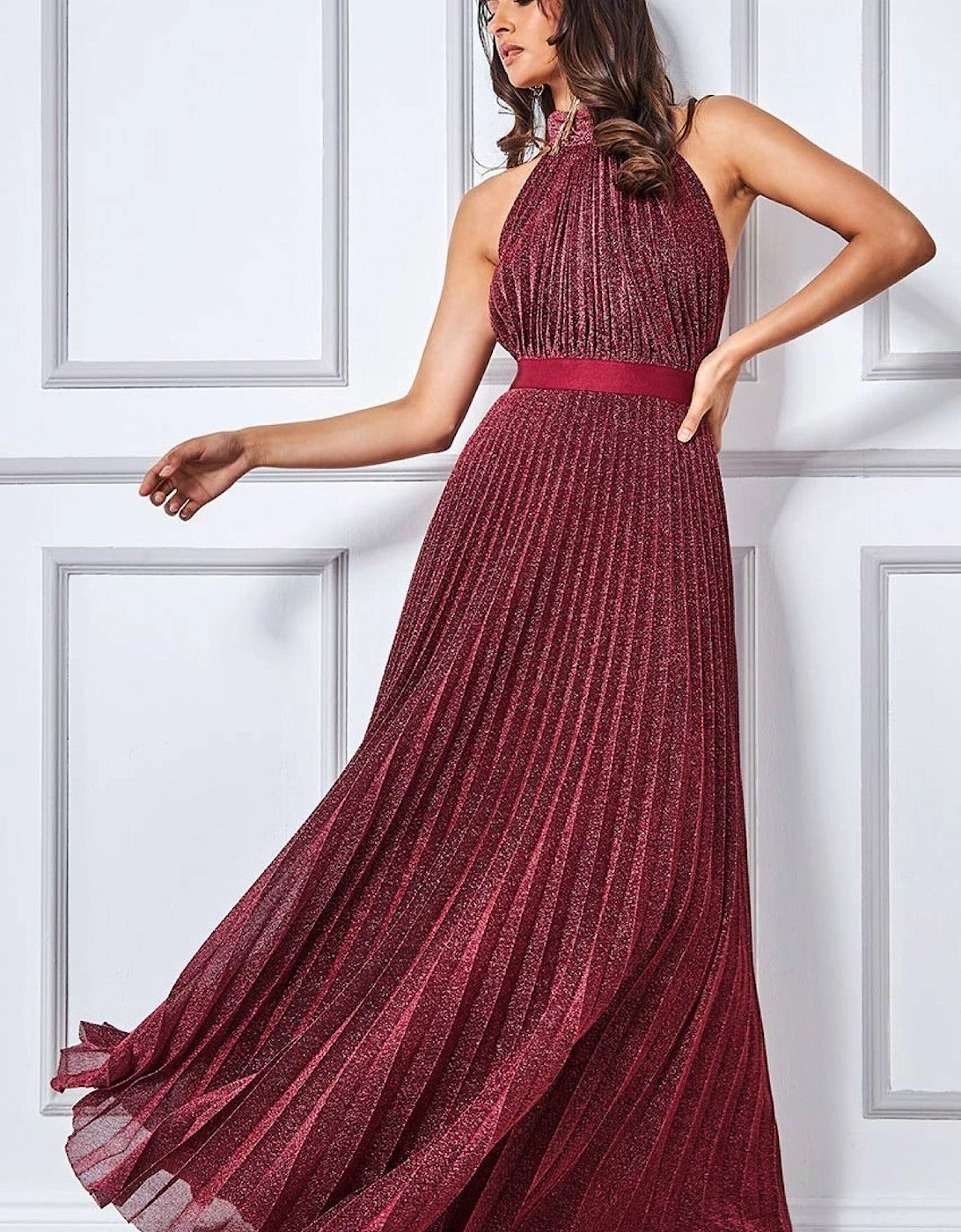 Lurex Halterneck Pleated Maxi Dress, 2 of 1