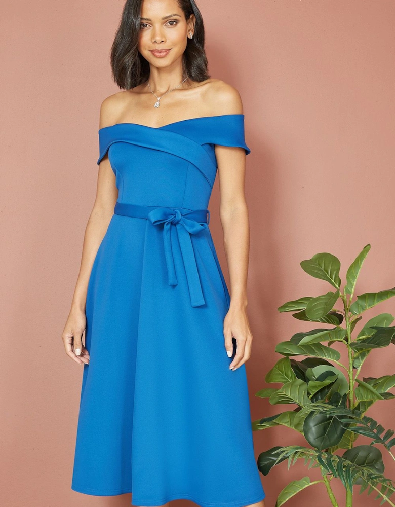 Blue Bardot Stretch Midi Skater Dress