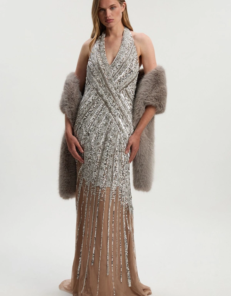 Metallic Embellished And Beaded Halter Maxi Dress