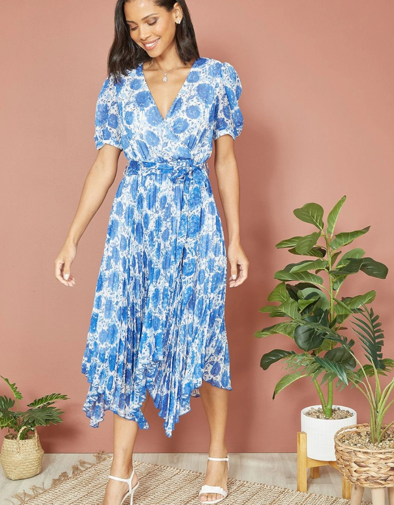 Blue Floral Pleated Midi Dress With Puff Sleeves
