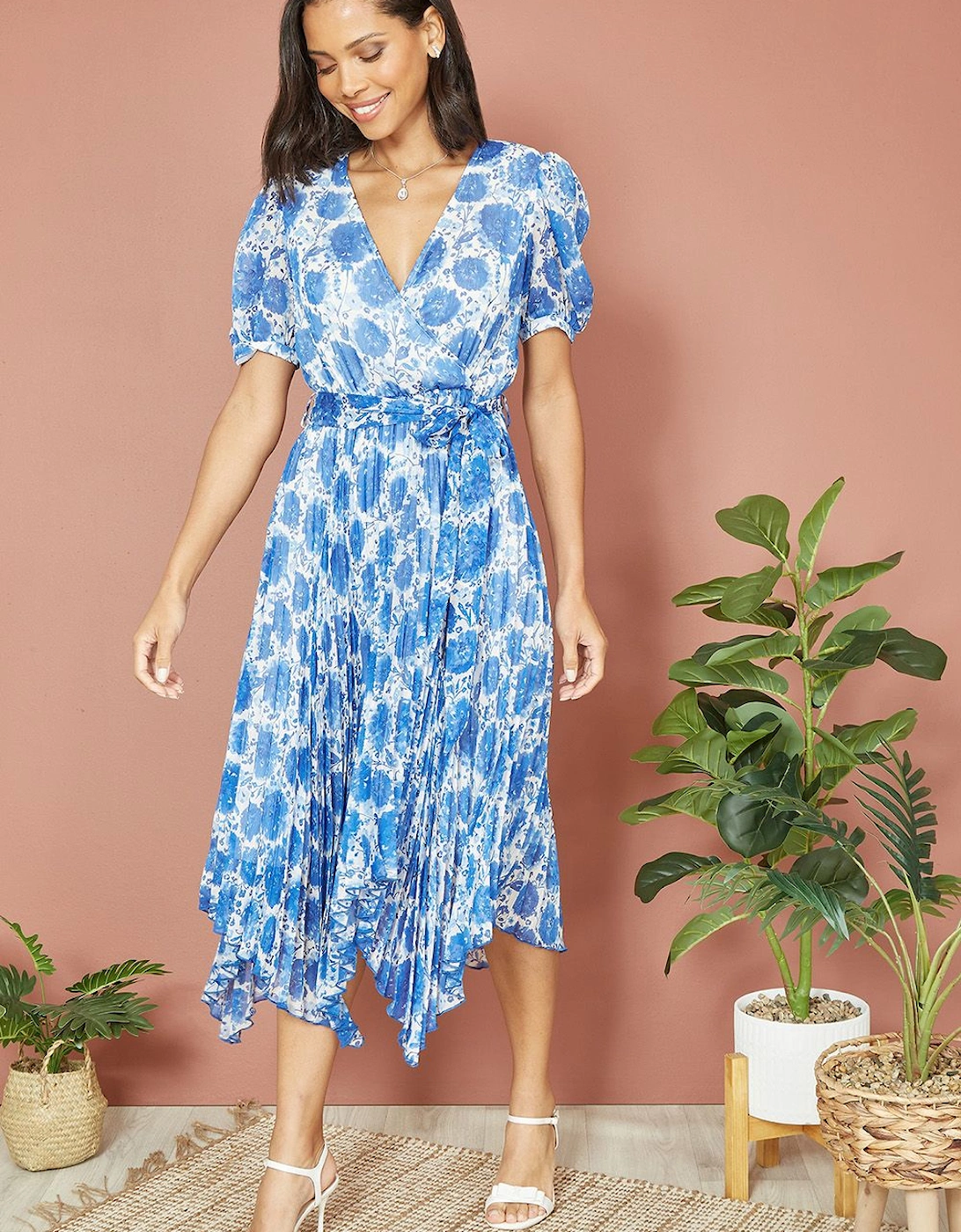 Blue Floral Pleated Midi Dress With Puff Sleeves, 2 of 1