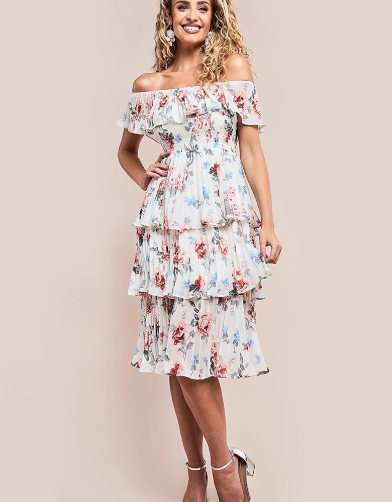 Pleated Bodice Chiffon Tiered Midi Dress