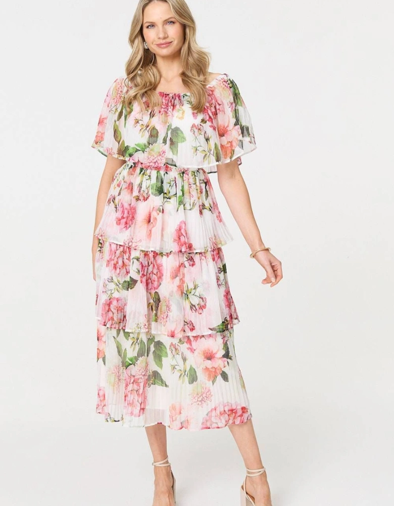 Floral Tiered Pleated Midi Dress