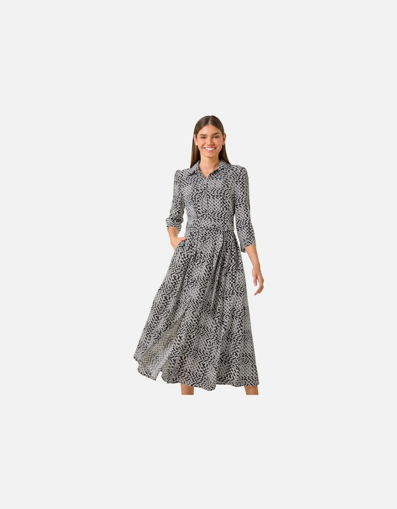 Geometric Print Tie Waist Midi Shirt Dress