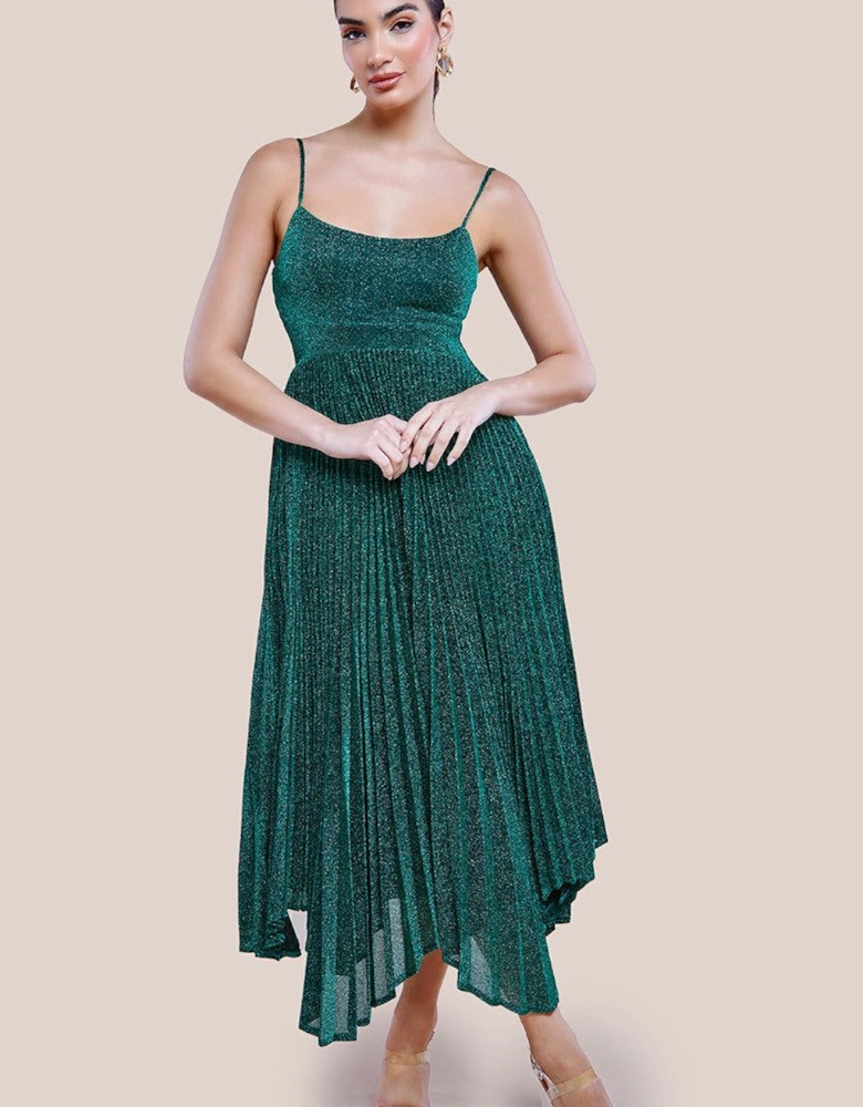 Tie Back Pleated Lurex Skater Midi Dress
