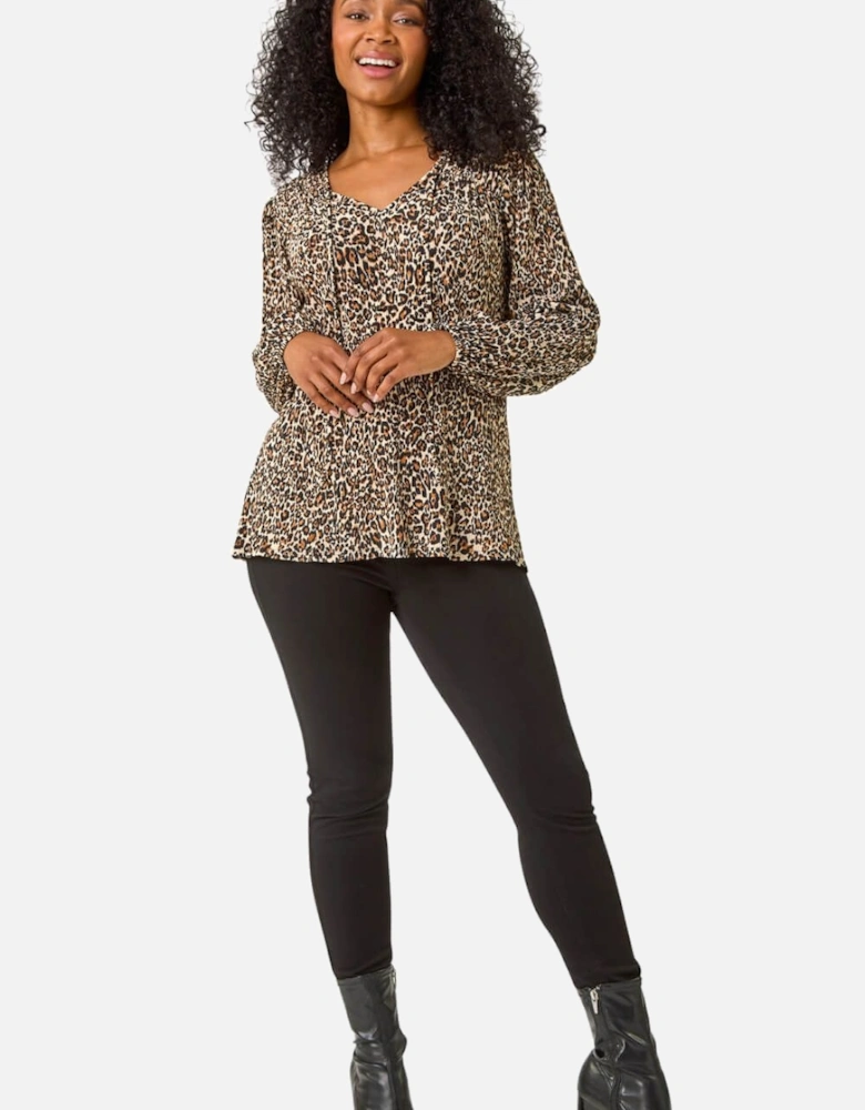 Petite Animal Print V-Neck Plisse Top