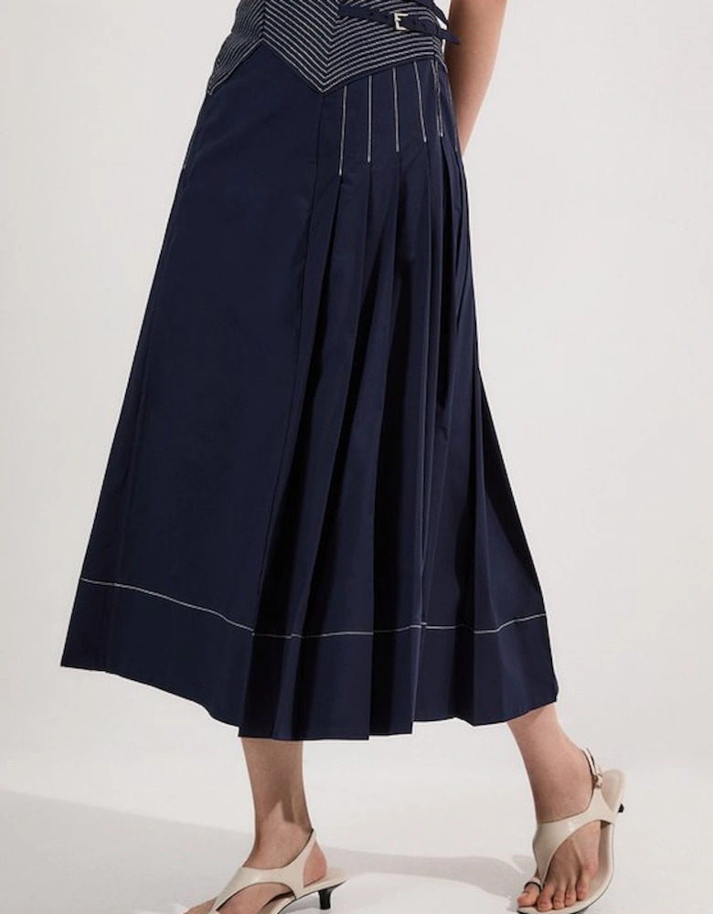 Cotton Poplin Top Stitch Detail Woven Pleat Skirt
