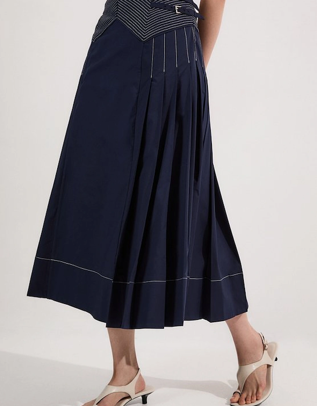 Cotton Poplin Top Stitch Detail Woven Pleat Skirt