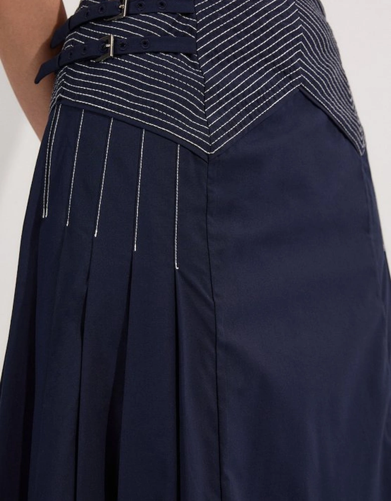 Cotton Poplin Top Stitch Detail Woven Pleat Skirt