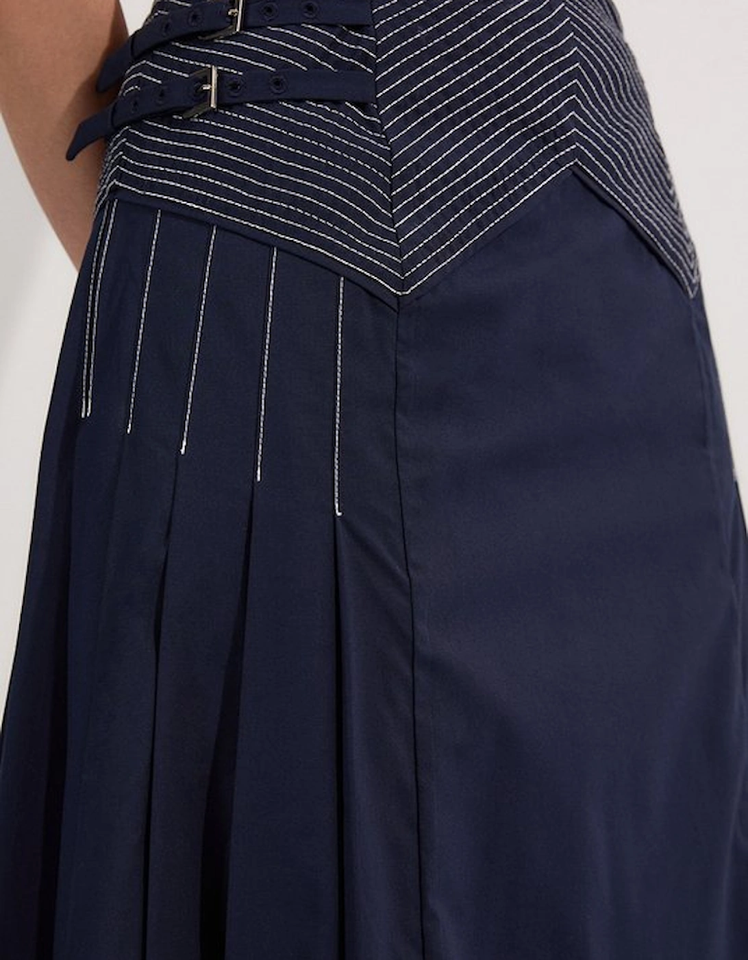 Cotton Poplin Top Stitch Detail Woven Pleat Skirt