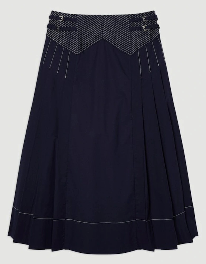 Cotton Poplin Top Stitch Detail Woven Pleat Skirt